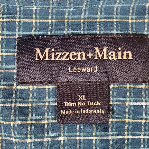Mizzen Main Mens Button Down Leeward Shirt Size XL Blue Plaid Trim Fit No Tuck - Picture 2 of 8